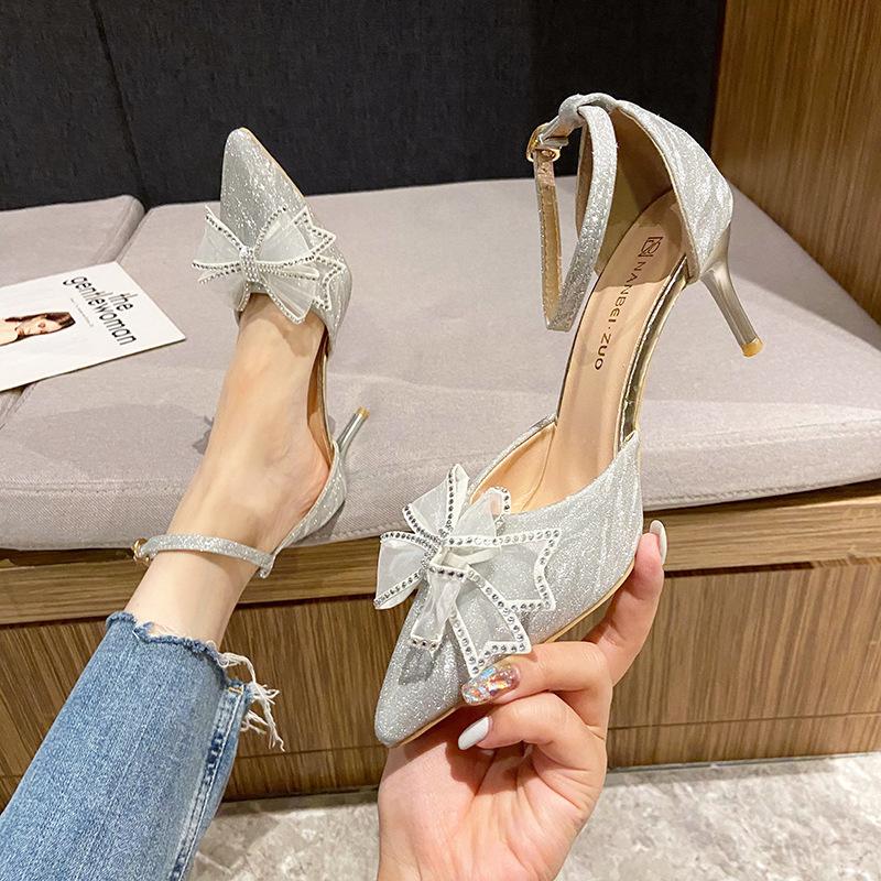 Französische zarte und schöne Schleife High Heels Damen 2025 neue Außenhandel Übergröße Einzelne Schuhe schlichte und modische Bankettschuhe