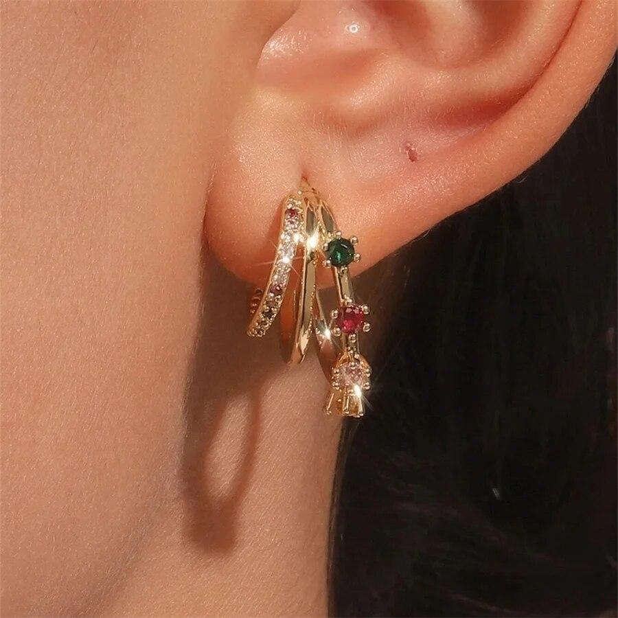 Elgeant Three Layer Tiny Stud Earrings For Women Shiny Multicolor Square Cubic Zircon Sweet Earring ExquisiteParty Jewelry