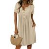 Women's Fashionable Color Round Neck Short Sleeved Button Neck Mid Length Casual Dress