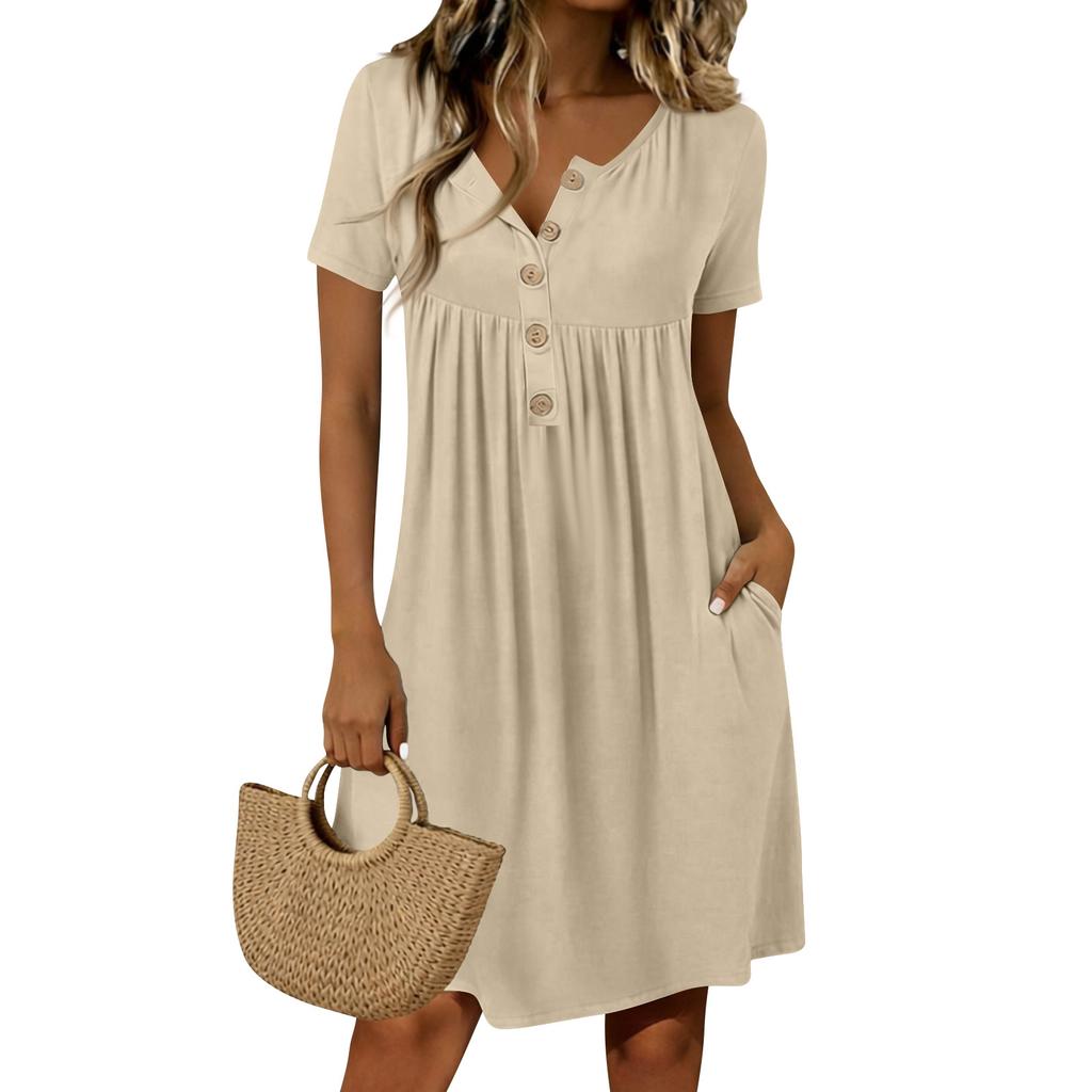 Women's Fashionable Color Round Neck Short Sleeved Button Neck Mid Length Casual Dress