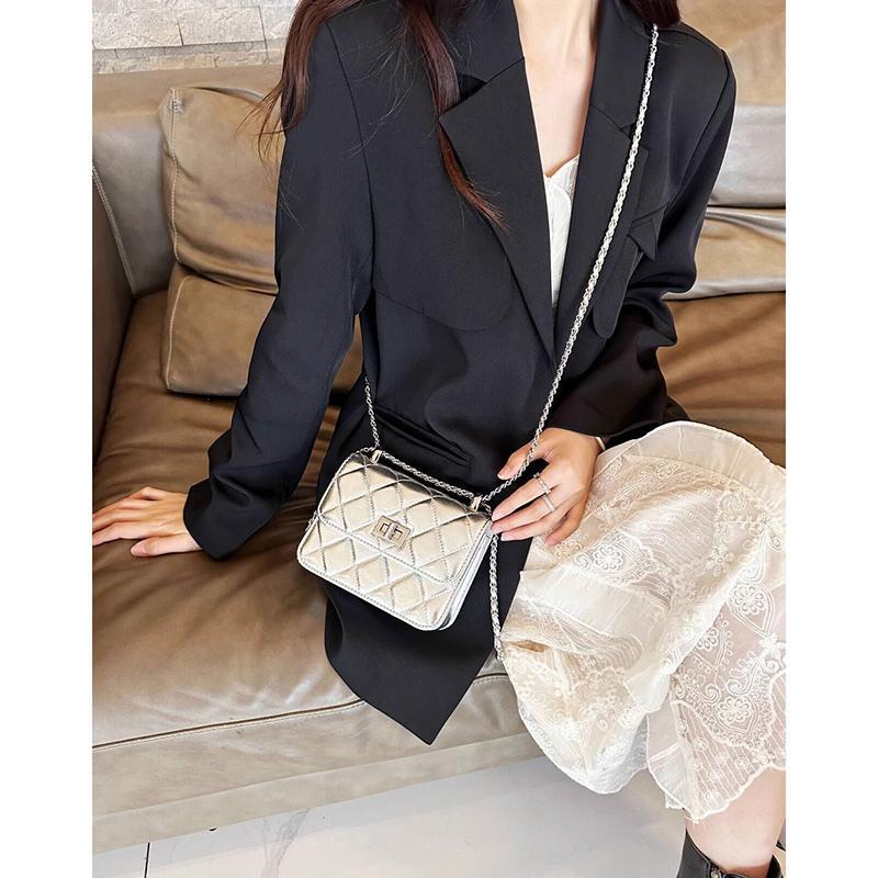 Factory Direct Sales Small Fragrance Bag Women's 2025 New Small Satchel Mini Small Fragrance Style Rhombus Chain Bag Silver Bag