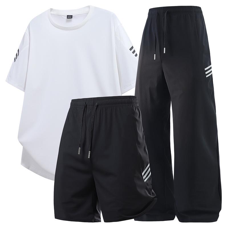 Quick-Dry Ice Silk Men's Plus Size Sportswear Set - Summer Thin, Versatile Three-Piece for Fitness & Basketball.