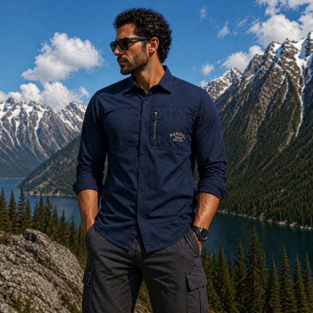Military-style workwear; embroidered loose-fit long-sleeved men’s casual shirt; loose-fit long-sleeved men’s shirt with a turn-down collar men’s shirt