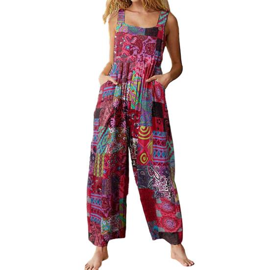 

Женский комбинезон с регулируемыми широкими бретелями и квадратным воротником без рукавов с карманами, широкий тонкий длинный комбинезон с принтом в этническом стиле, комбинезон 2XL красный