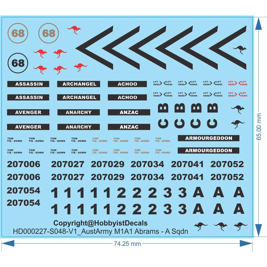 ADF Army Abrams M1A1 MBT Decals - 1/16 1/35 1/48 1/72 HO (1/87) - Water Decal
