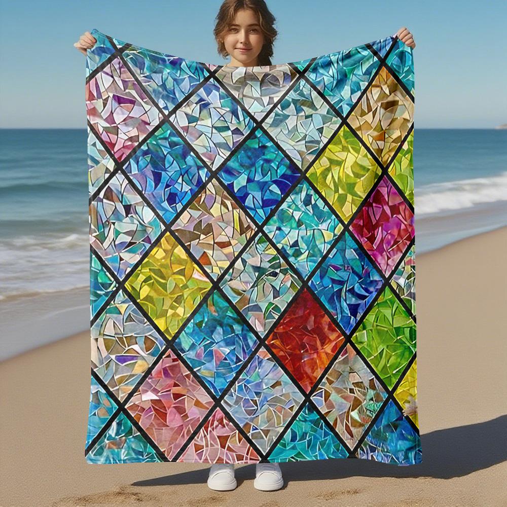 1PC stained glass mosaicOutdoor Flannel Blanket - Soft Plush Decor for Picnics, camping, Bedroom, Playroom, Office, or Lunch Break 1336A