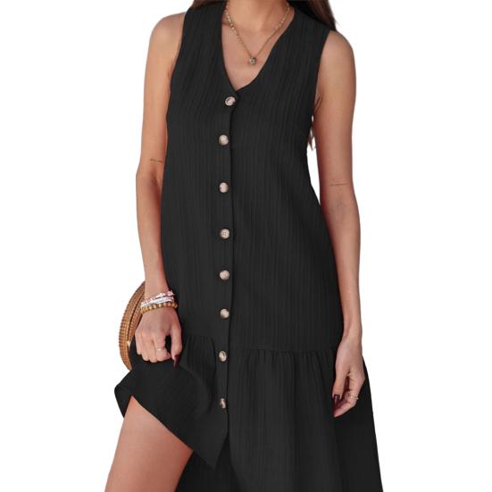 Summer Dress V-Neck Sleeveless Single-Breasted Solid Color Mini Dress Solid Color Loose