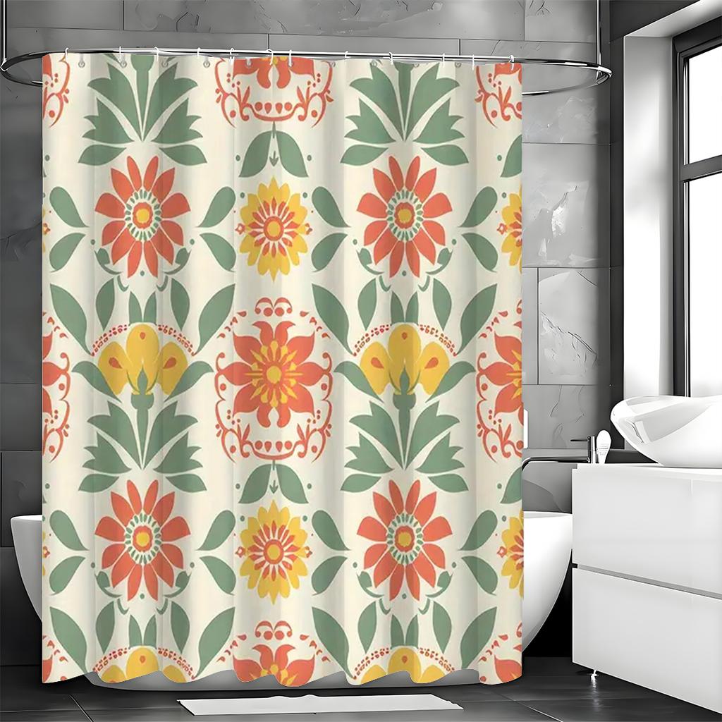 Bathroom Decor (Shower Curtain), Cartoon Flower & Green Leaf Shower Curtain with 12 Hooks