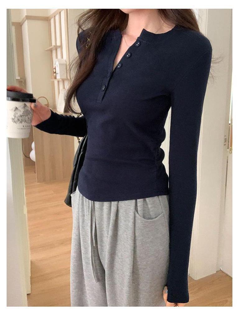 Plus Size Women's Spring/Autumn Long Sleeve Half-Open Neck Slimming Base Layer Top - Korean Style