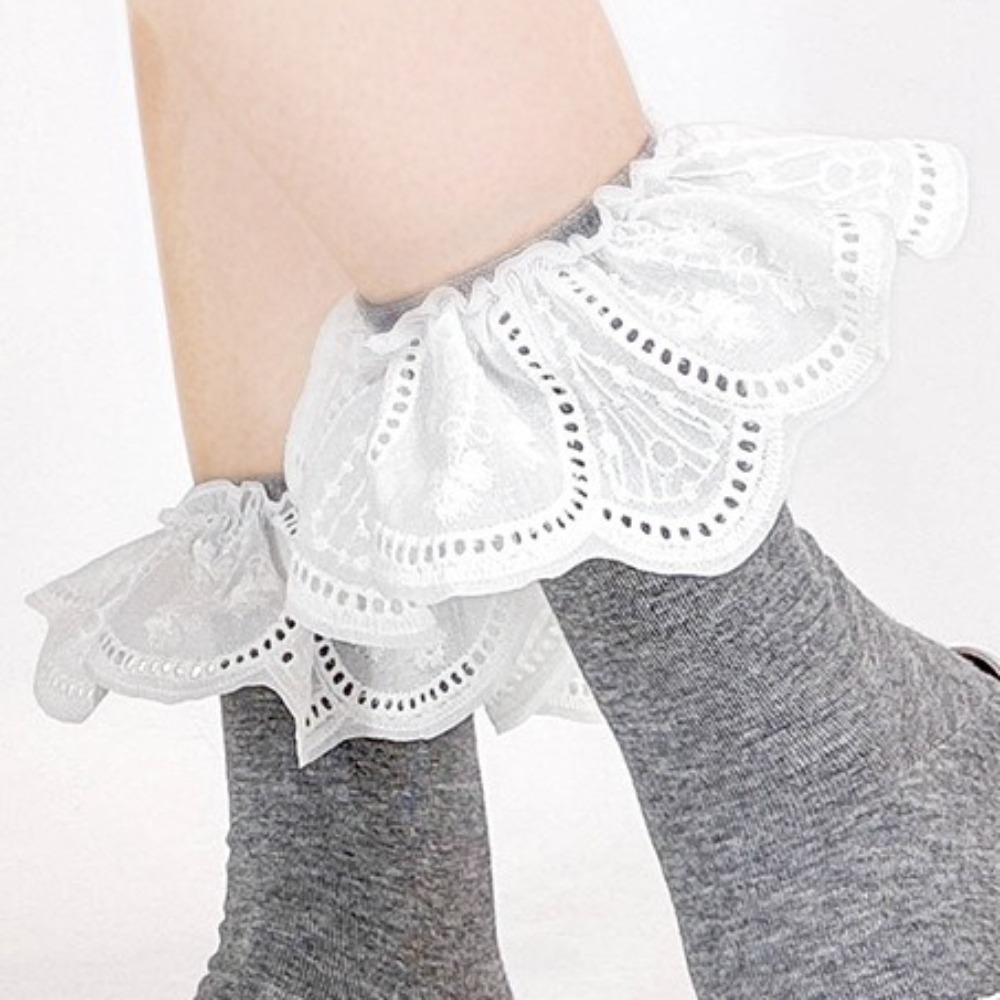 White Embroidered Ruffle Socks Mid Tube Women Hosiery Sweat-absorbing Short Sock  Lady