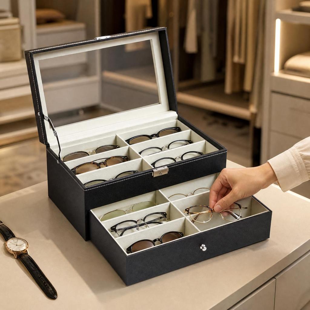 2 Layer Sunglasses and Watch Organizer PU Leather TwoTier Eyewear Storage Box Transparent Top