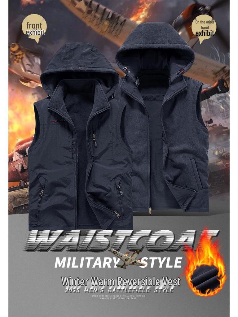 Gilet da uomo in pile Sherpa double-face con imbottitura in velluto, per esterni, con cappuccio staccabile