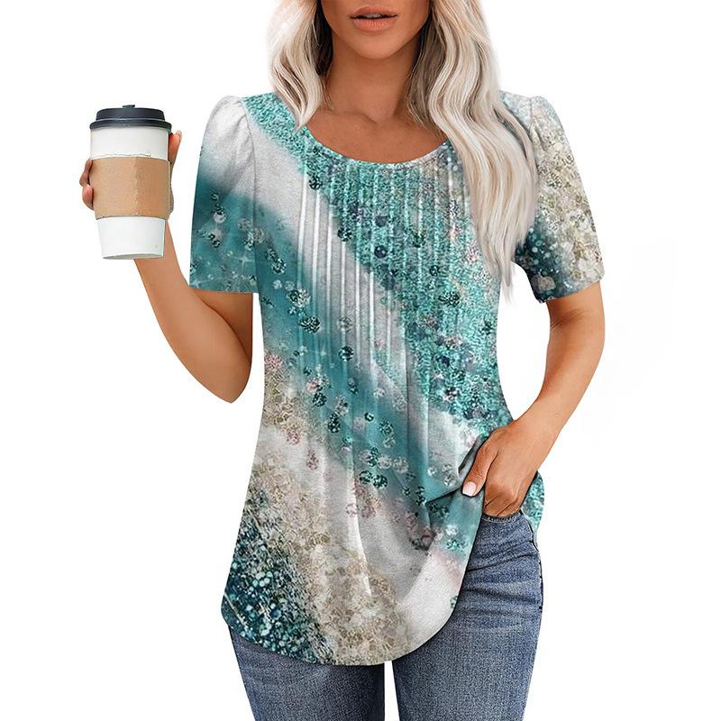 

European And American Women s Tops New Style Pleated Round Neck Short-sleeved T-shirt Women s Shirt XXXL