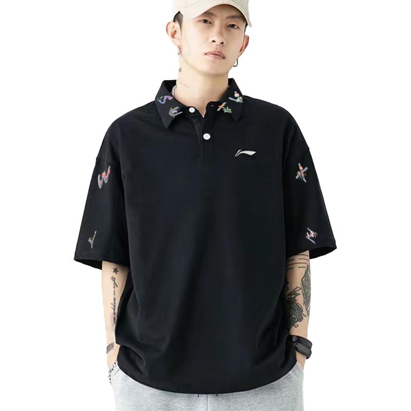 Li Ning Versatile Letter Floral Print High Street Comfortable Outdoor Drop Shoulder Short Sleeve Polo Shirt Unisex Polo Shirts APLT137-1(TEAM702-A6)
