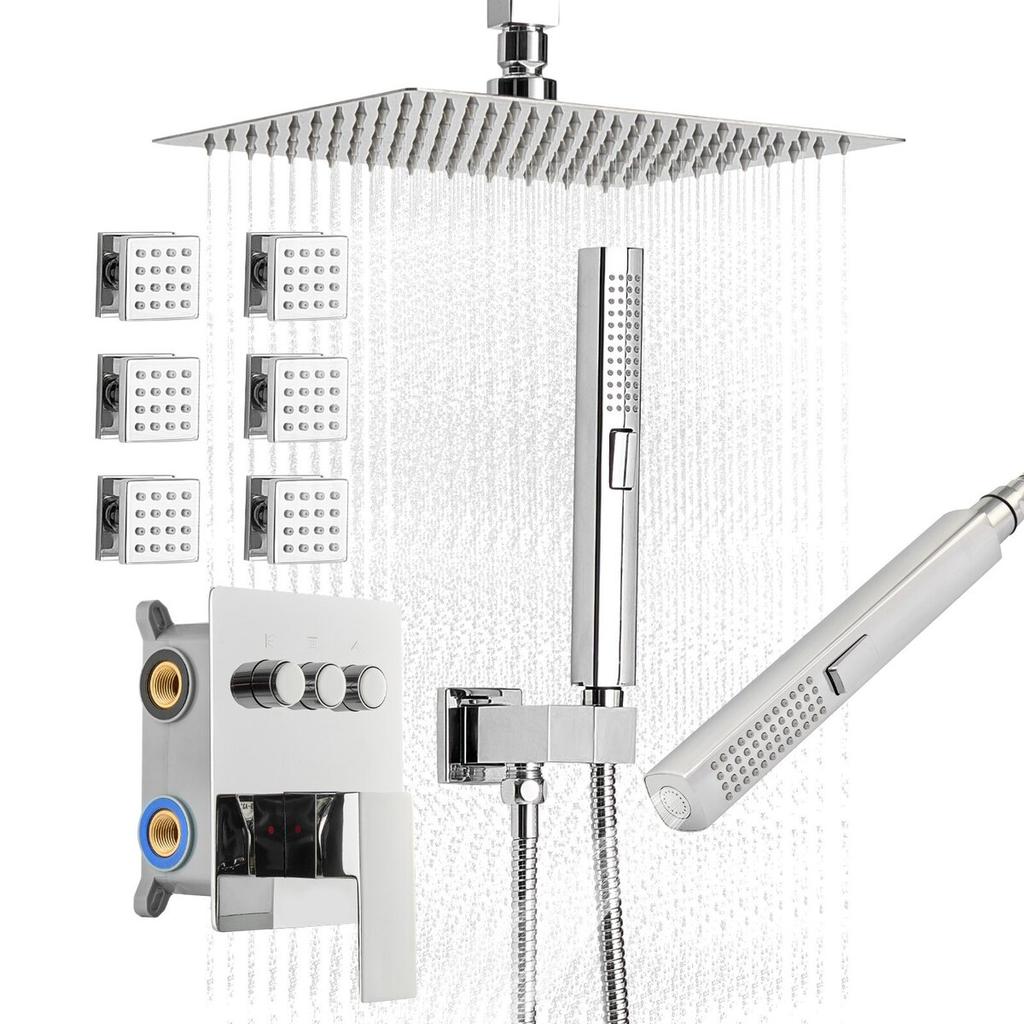 Shower Faucet Set, 254 Mm Ceiling Mount Rainfall Shower System with 6 Body Jets and 2 In 1 Handheld Spray, Rotatable 3-Function Rain Head System Set,