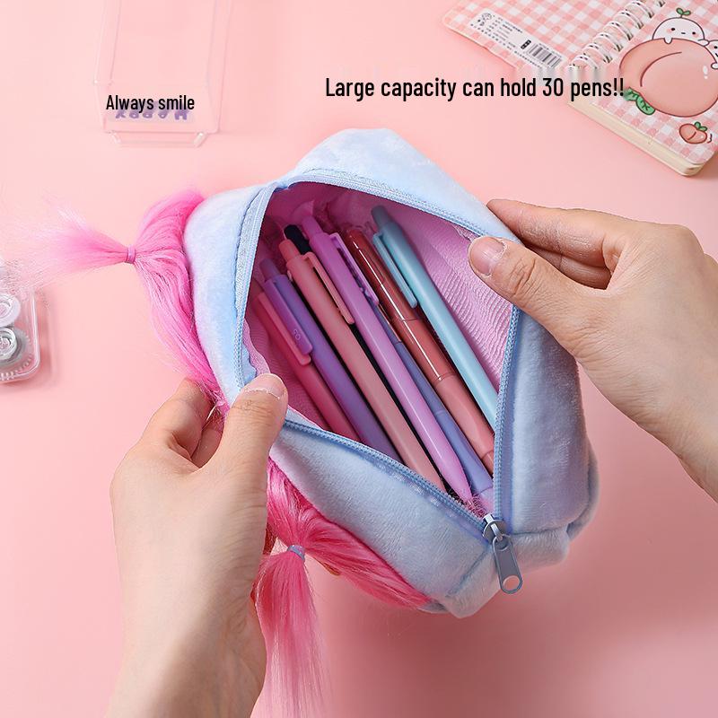 Frizzy Big-Eyed Monster Plush Pencil Case with Heart-Shaped Storage