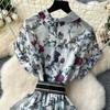 French Vintage Print Lapel Dress Women's Short Sleeve Floral Print High Waist Belt Office Lady Maxi Clothing Female
