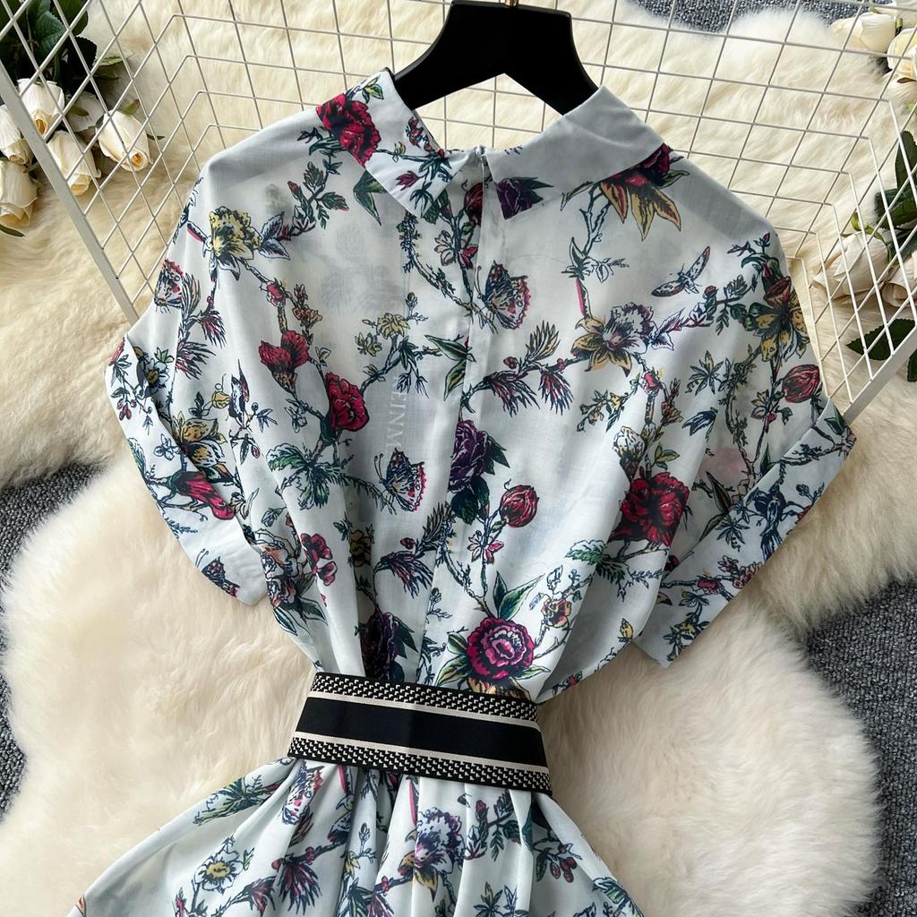 French Vintage Print Lapel Dress Women's Short Sleeve Floral Print High Waist Belt Office Lady Maxi Clothing Female
