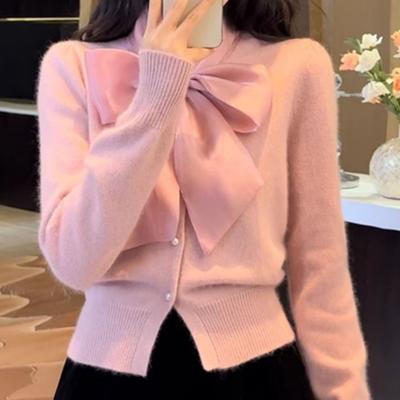 Literary Retro Bow Strap Red Sweater Cardigan Autumn New Knitted Sweater Jacket Chic Top