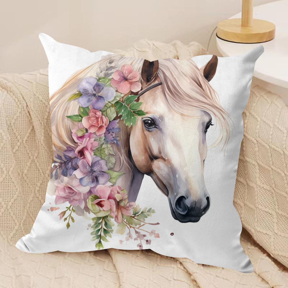 Watercolor Horse  Floral Cushion Cover Soft Plush Fabric DoubleSided Printed Cushion Covers for All Seasons Modern Home Decor