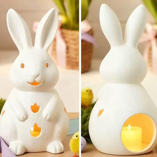Easter Bunny Candle Holder Cute Bunny Resin Statue with LED Light White Bunny Figurine Rustic Table Centerpiece for Home Spring Decor