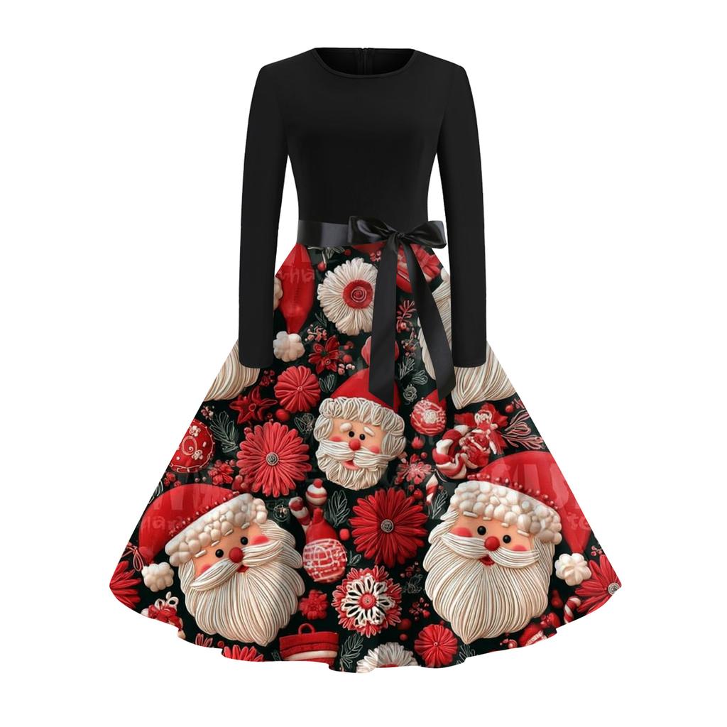 Women's Fashionable And Elegant Autmn And Winter Long-sleeved Round Neck Christmas Print Dress