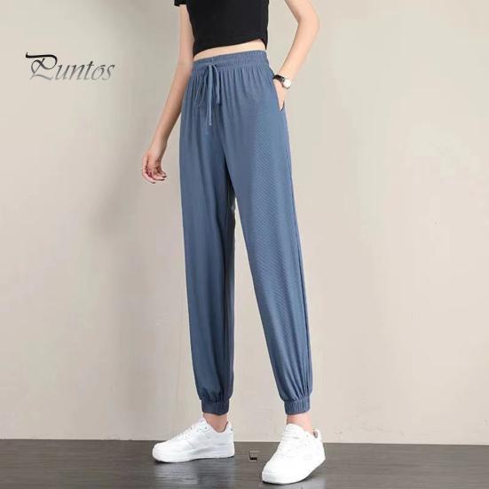 Summer Thin Ice Silk Sports Pants Elastic Drawstring Waist Pockets Casual Sweatpants Solid Color Loose Fit Fitness Trousers Streetwear