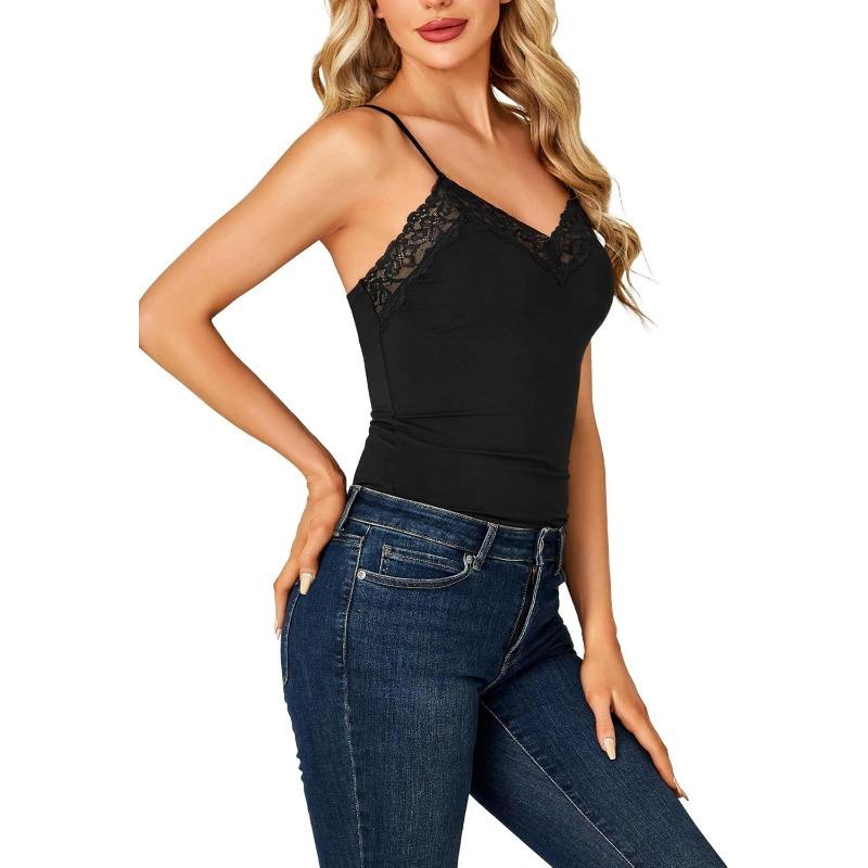 Canottiere Estive da Donna in Pizzo Scollo a V Eleganti con Spallino Sottile Blusa Vestibilità Aderente Monocolore Semplice Dolce Casual Senza Schiena Moda Camicie Eleganti