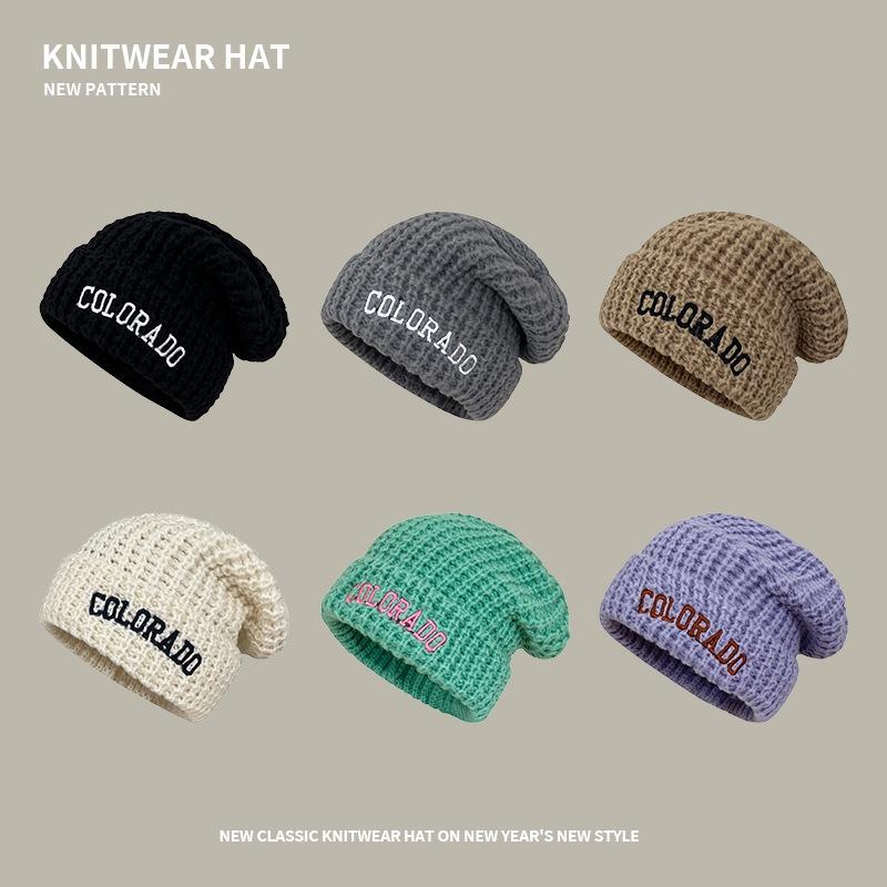 Gray wool hat women's autumn and winter versatile big head circumference knitted hat showing face small pile hat loose hat tide