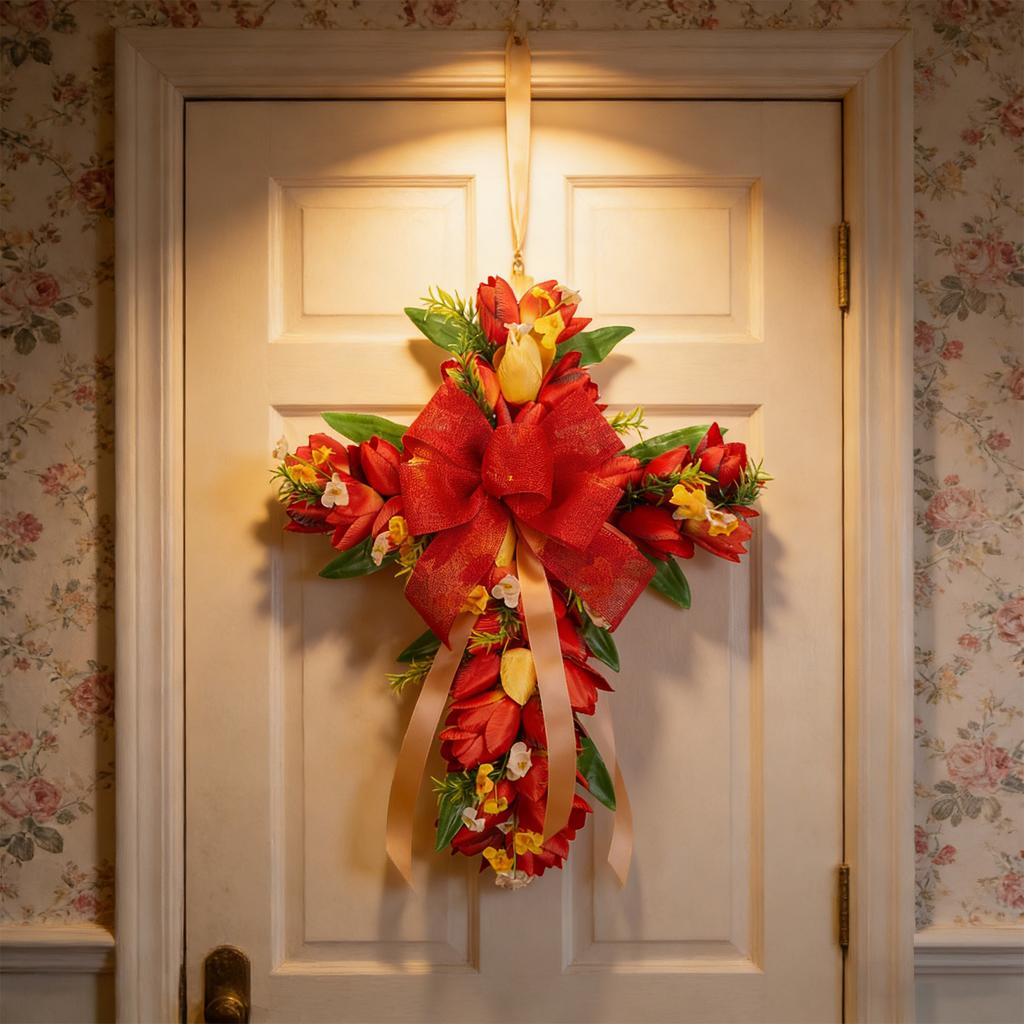 45cm  Cross, Easter Front Door Bow, Artificial Flower Decoration For Doors And Walls.