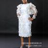 Vestido Midi de Manga Larga con Cuello Redondo para Mujer, Ajuste Ceñido, Tiro Medio, Bordado de Encaje Floral 3D, Elegante Vestido de Noche