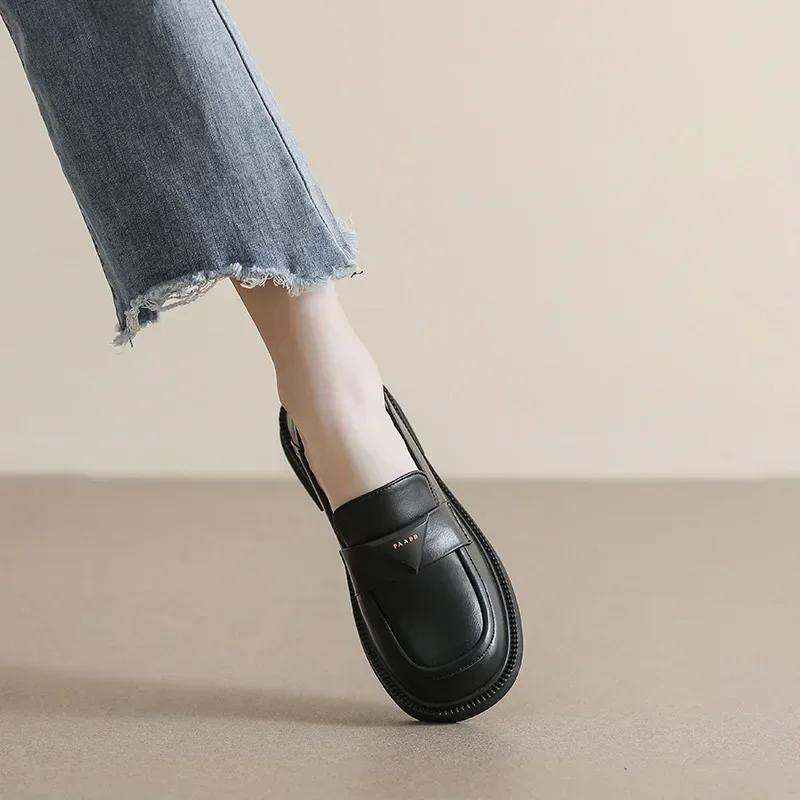 Spring New Women'S Leather Shoes Mid Heel Loafers British Style Black Casual Shoes Banquet And Office Wear Fashion Design