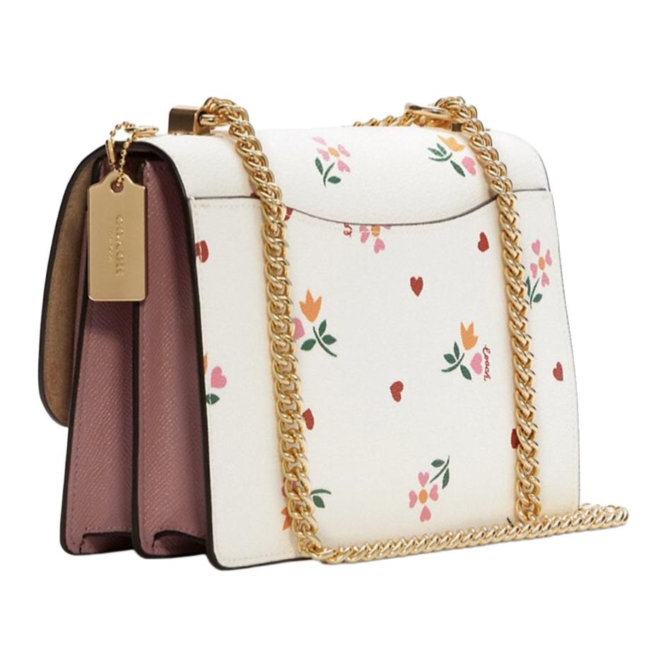 Coach Klare 22 Heart Flower Print Flap Chain Coated Canvas And Leather Accordion Shoulder Crossbody Bag Small Women Bags Pink White C7596-IMCAH