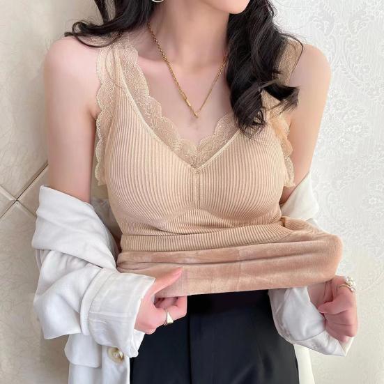 Women Vest V-Neck Sleeveless Padded Underwear Vest Solid Color Lace Trim Elastic Bottom Vest Winter Daily Wear