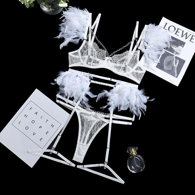 Metal Chain Lace Feather Lace Sexy Lingerie Women Thong Set of 3