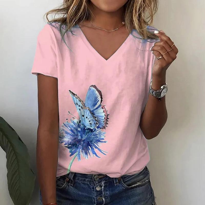 Women's summer V-neck loose short-sleeved white fashionable women's T-shirt 3D center flower small fresh top casual clothes