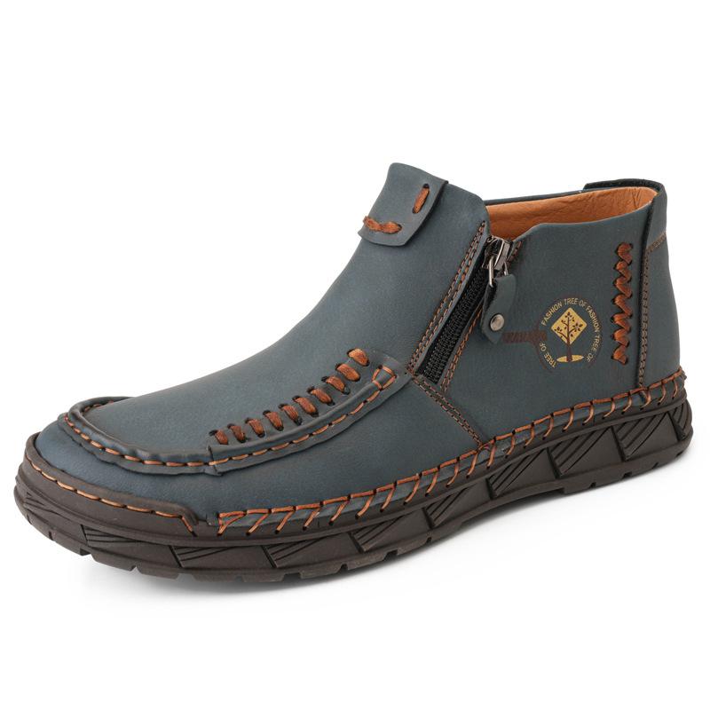 Large Size Spring and Autumn Men's Casual Boots Leather Boots Fashion Side Zipper Handmade Shoes High Top Men's Shoes