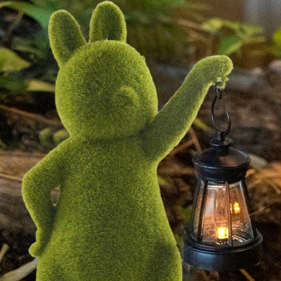 Solar Rabbit Garden Statue Resin Flocked Bunny Sculpture with Lantern Solar Powered Rabbit Light for Patio Yard Outdoor Decor Housewarming Gift