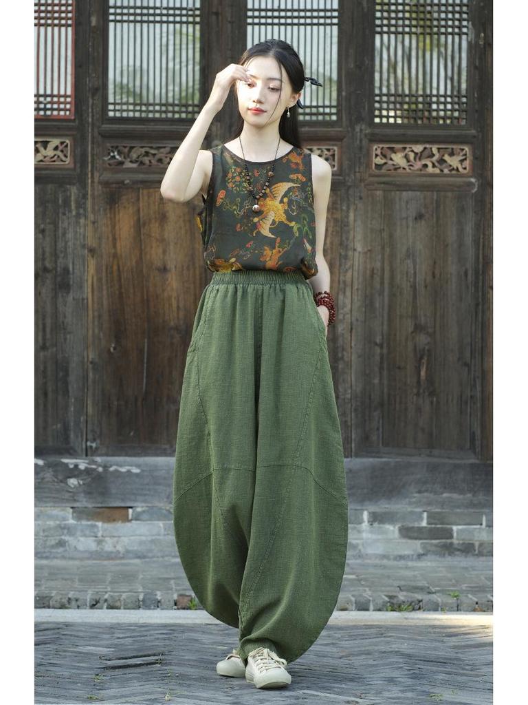 Women's Retro Ramie Sand-Washed Distressed Loose Lantern Pants for Meditation and Tai Chi