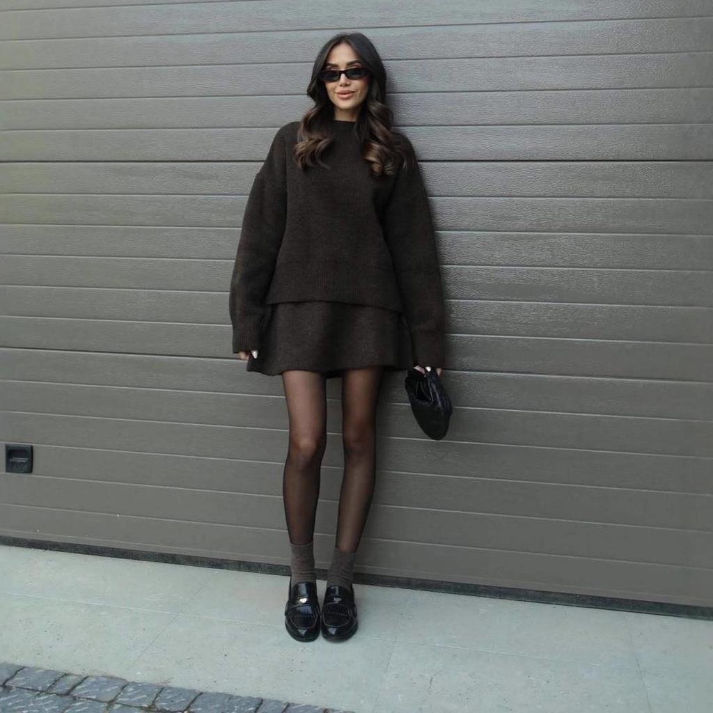 Autumn 2025 Women's Long Sleeve Sweater Dress: Casual, Loose-Fit Round Neck with Skirt