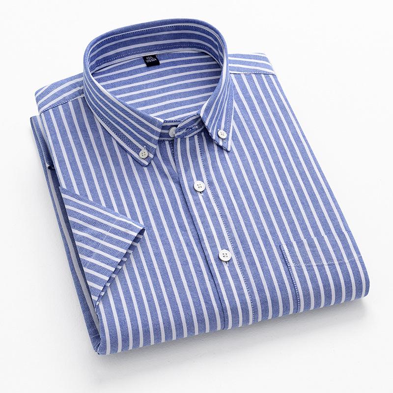 Men's Summer Striped Short-Sleeve Cotton Shirt with Turn-Down Collar