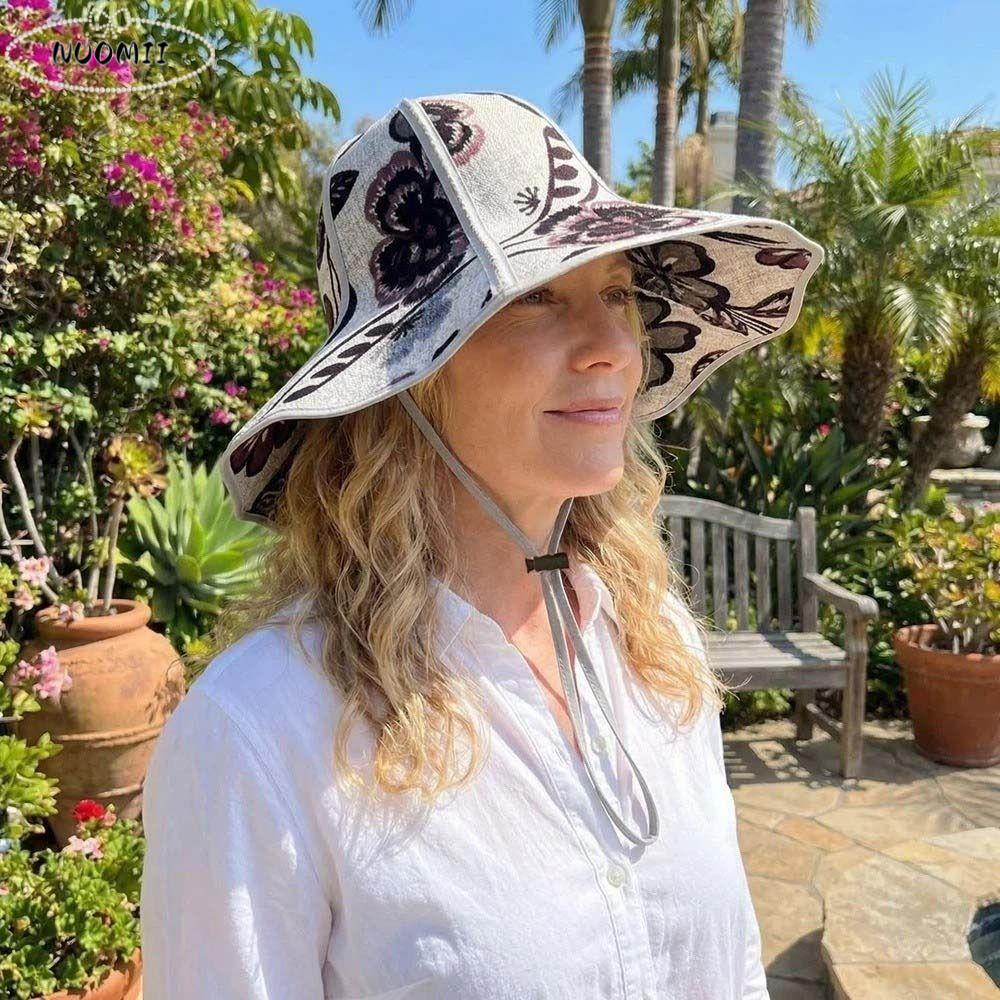 Breathable Foldable Sunshade Hat UV Protection Drawstring Large Brimmed Fisherman Hat Linen Cloth Adjustable Wide Brim Sun Cap