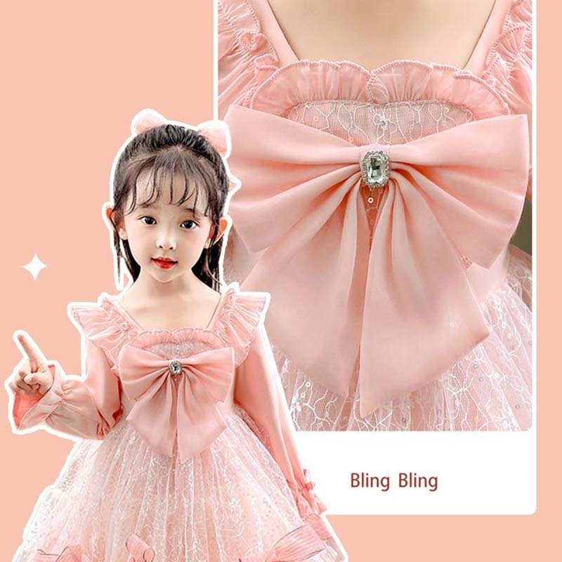 Lolita Girls Princess Dress Spring Autumn Children's Long Sleeve Pink Dress Lace Bow Decoration Sweet A-line Skirt Fairy Set