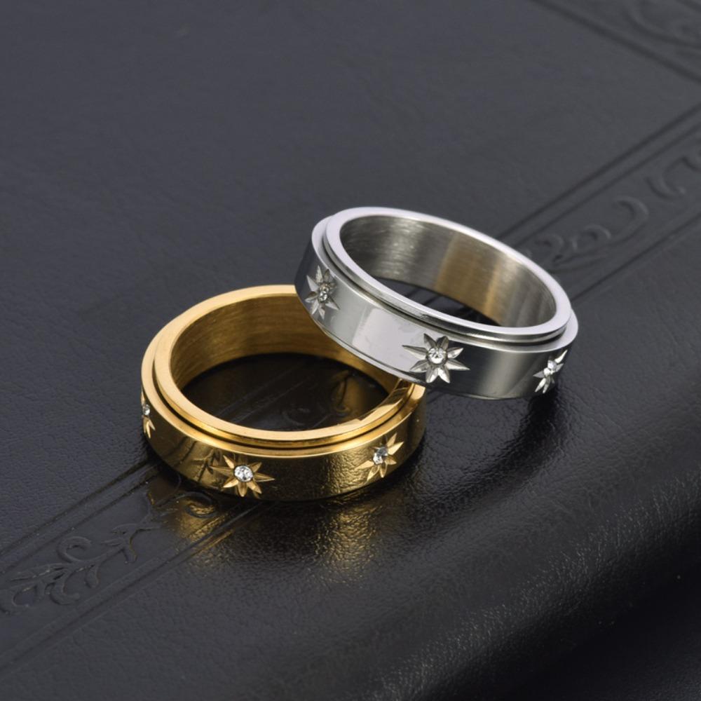 Simple Elegant Rotating Couple Ring Shining Diamonds Stainless Steel Engraved Promise Jewelry