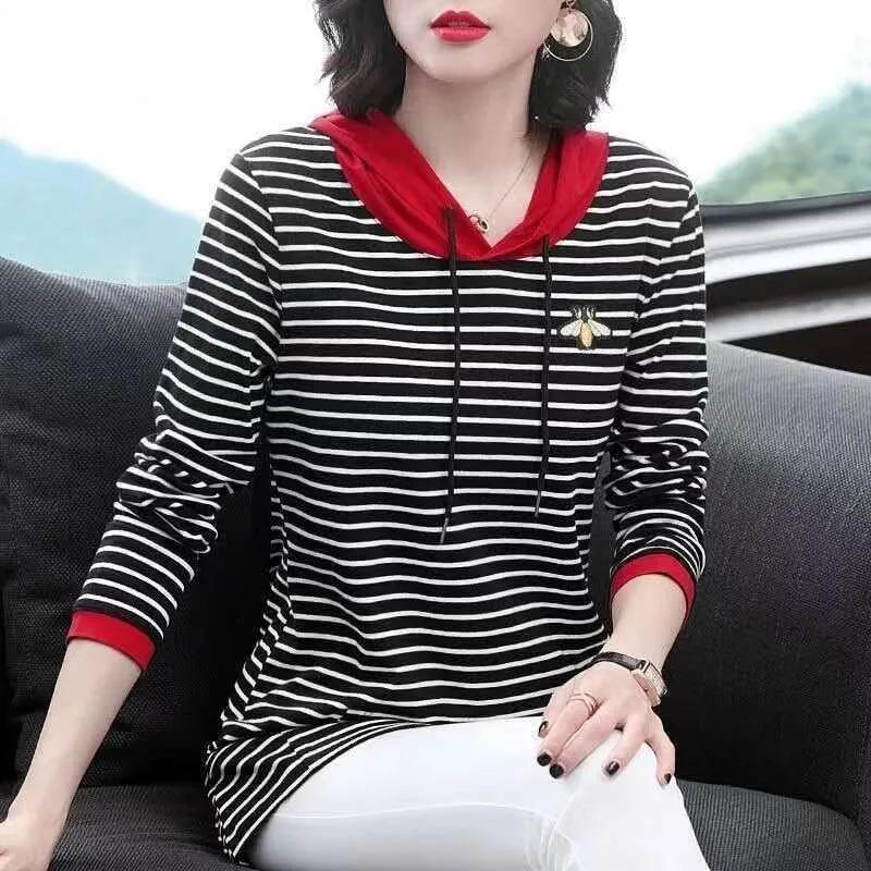 

Женская весенне-осенняя тонкая рубашка с капюшоном большого размера, удобный полосатый топ 6XL