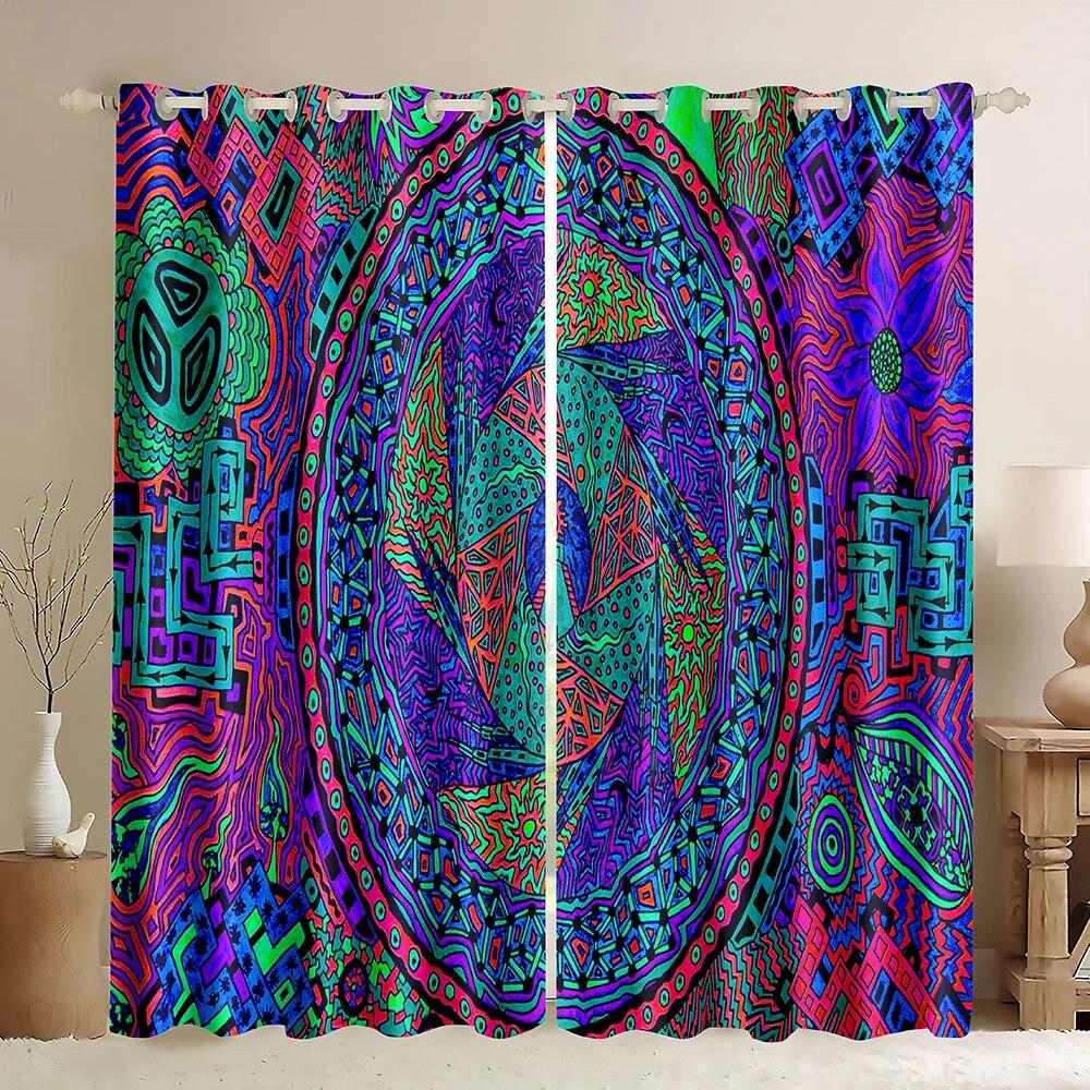 

2pcs Mandala Boho Curtains Bohemian Flowers Stripes Rod Pocket Drapes For Bedroom Living Room Ethnic Vintage Decor W50xH130(CM)x2PCS-Rod pocket