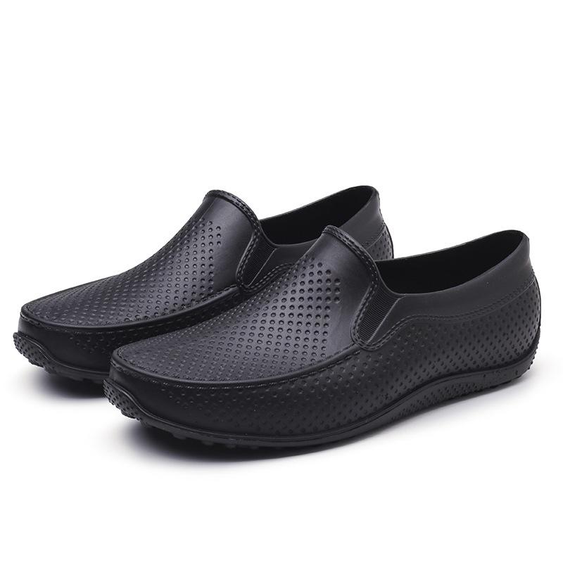 

Модные нескользящие дождевые туфли мужские водонепроницаемые резиновые туфли 2024 года для рыбалки на плоской подошве мужские кухонные мягкие рабочие мокасины без застежек новые 8.5 чёрный