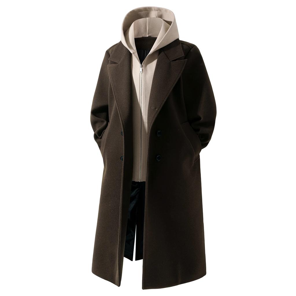 Autumn Winter Fake Two-Piece Hooded Woolen Coats Trend Solid Double Breasted Trench Coats Male Fashion Hooded Windbreaker Jacket