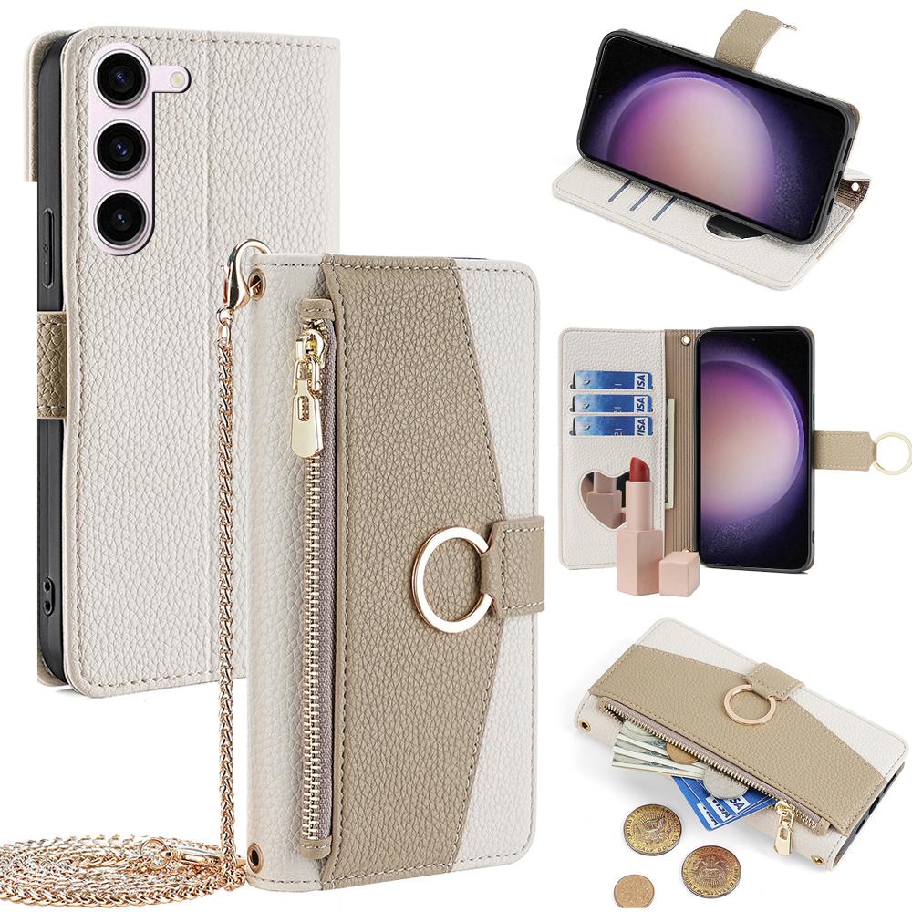 Leather Ring Holder Phone Case for Samsung S25 Ultra S24 FE S23 S22 Plus A16 A26 A56 Crossbody Wallet Flip Mirror Cover Lanyard