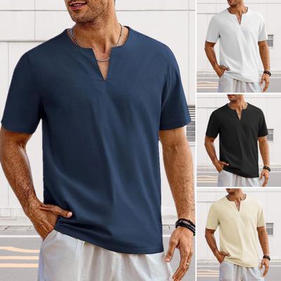 T-shirt d'été à manches courtes pour hommes, couleur unie, col en V, doux et respirant, en coton et lin, pull mi-long, décontracté, haut de plage quotidien